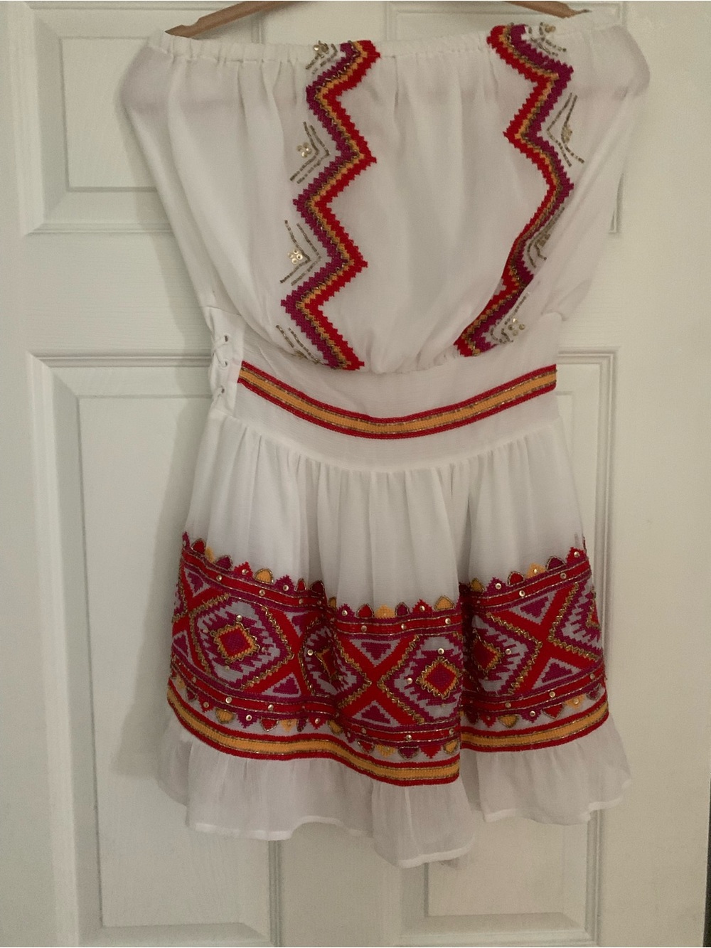 Ramy Brook White Embroidered Strapless Dress/Cover Up beaded Accents